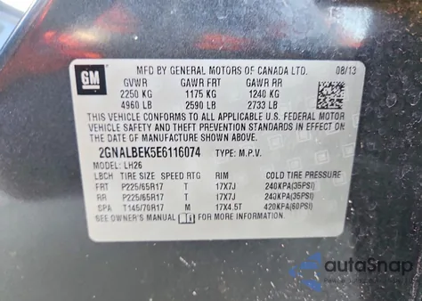 2014 Chevrolet Equinox Lt z USA, uszkodzony, nr VIN 2GNALBEK5E6116074